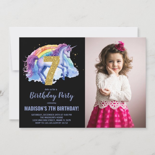 7e Rainbow Unicorn Birthday Invitations photo (Devant)