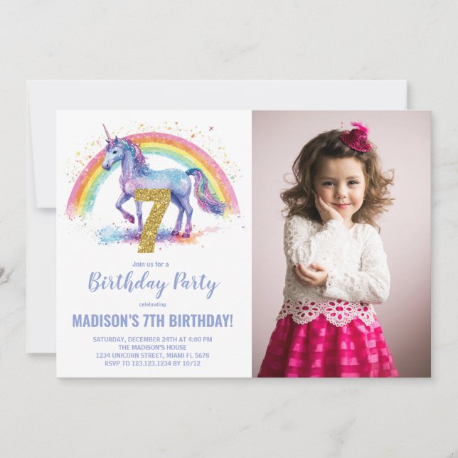 7e Rainbow Unicorn Birthday Invitations photo (Devant)