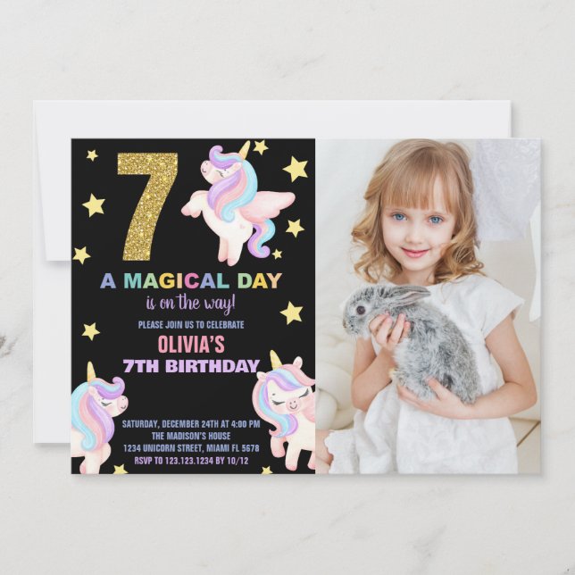 7e Rainbow Unicorn Invitations Anniversaire avec p (Devant)