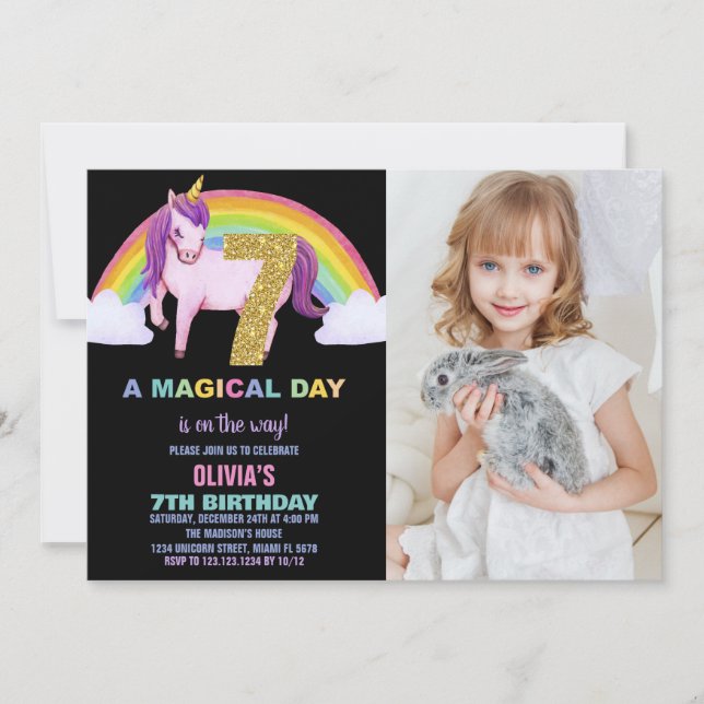 7e Rainbow Unicorn Invitations Anniversaire Photo (Devant)