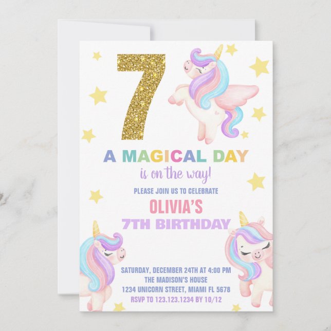 7e Rainbow Unicorn Invitations Anniversaire Vol (Devant)