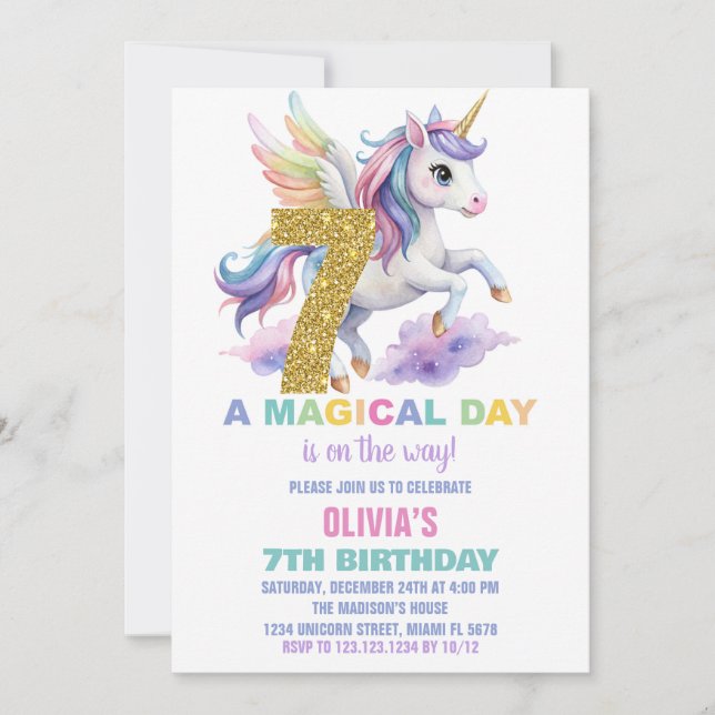 7e Rainbow Unicorn Invitations Anniversaire Vol (Devant)