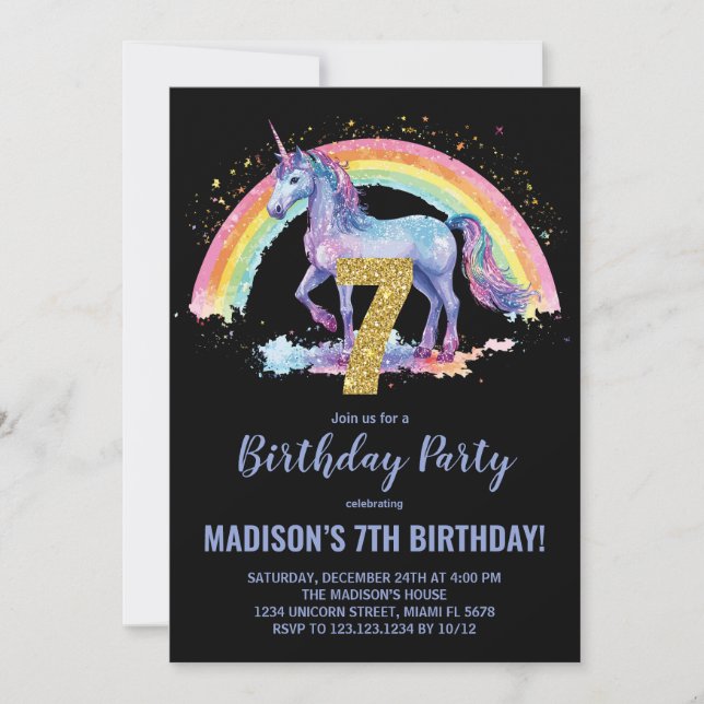 7e Rainbow Unicorn Invitations d'anniversaire (Devant)