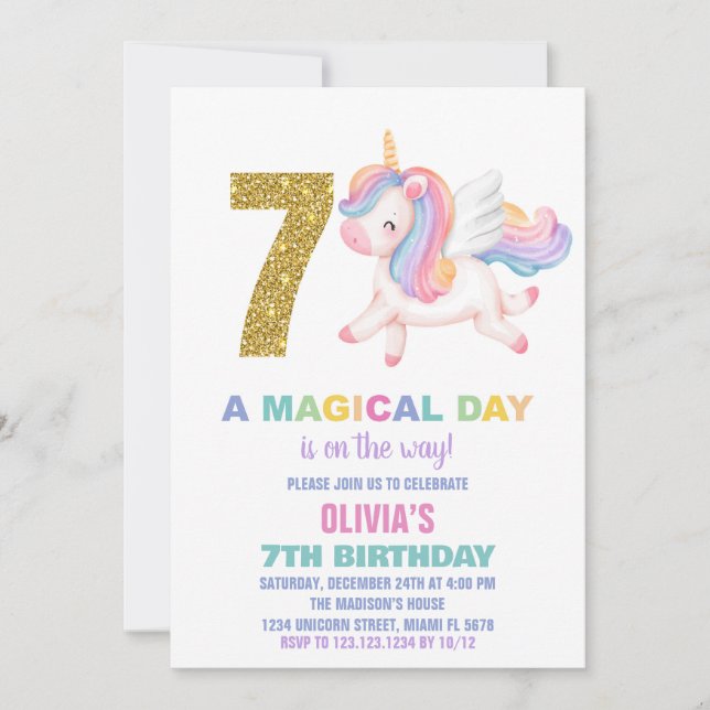 7e Rainbow Unicorn Invitations d'anniversaire (Devant)