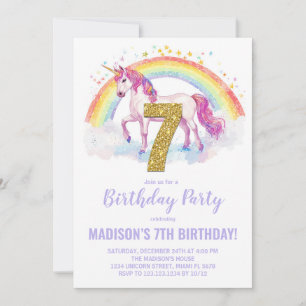 7e Rainbow Unicorn Invitations d'anniversaire