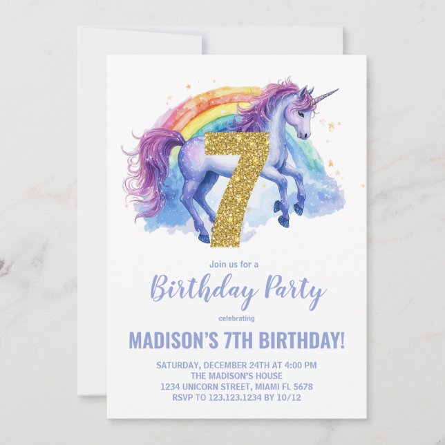 7e Rainbow Unicorn Invitations d'anniversaire (Devant)