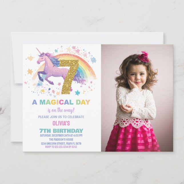 7e Unicorn Anniversaire Invitations avec photo