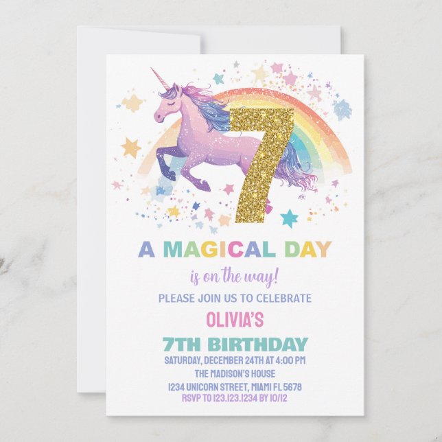 7e Unicorn Invitations d'anniversaire (Devant)