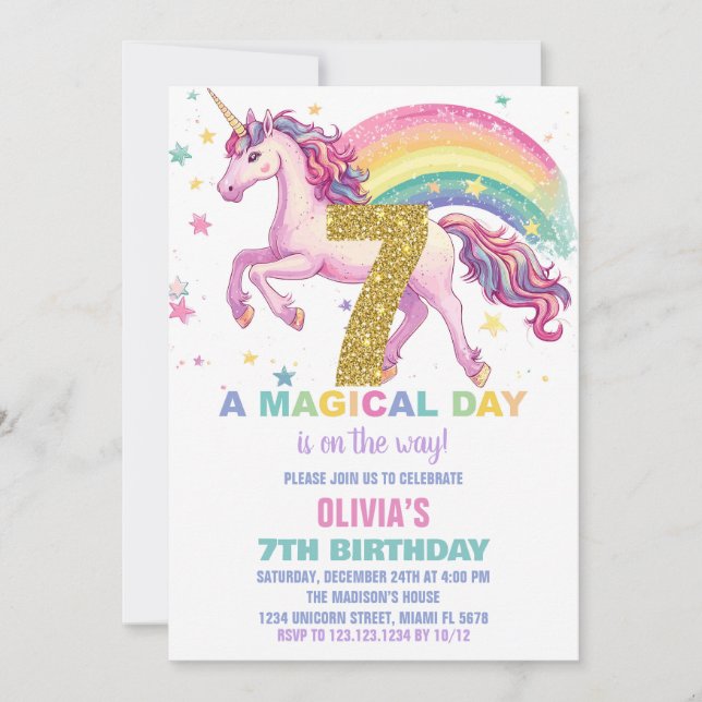 7e Unicorn Invitations d'anniversaire (Devant)