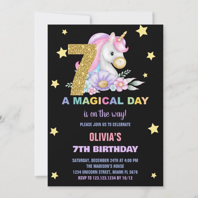 7e Unicorne florale Invitations d'anniversaire (Devant)