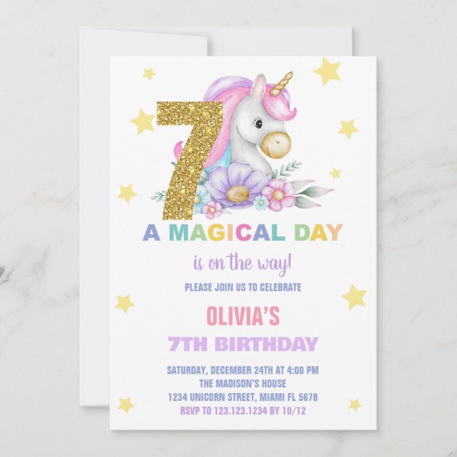 7e Unicorne florale Invitations d'anniversaire (Devant)