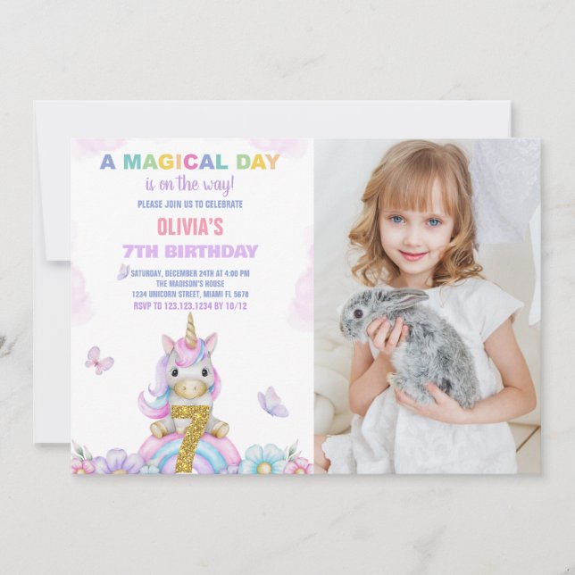7e Unicorne florale Invitations d'anniversaire ave (Devant)
