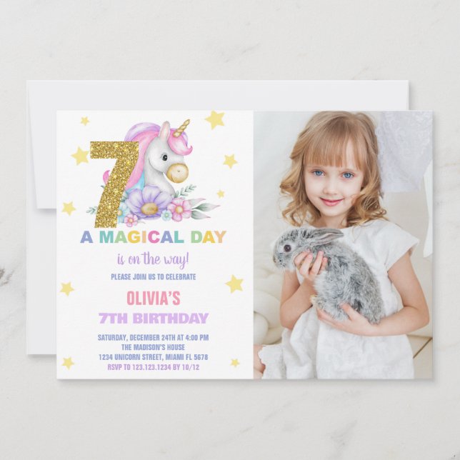 7e Unicorne florale Invitations d'anniversaire ave (Devant)