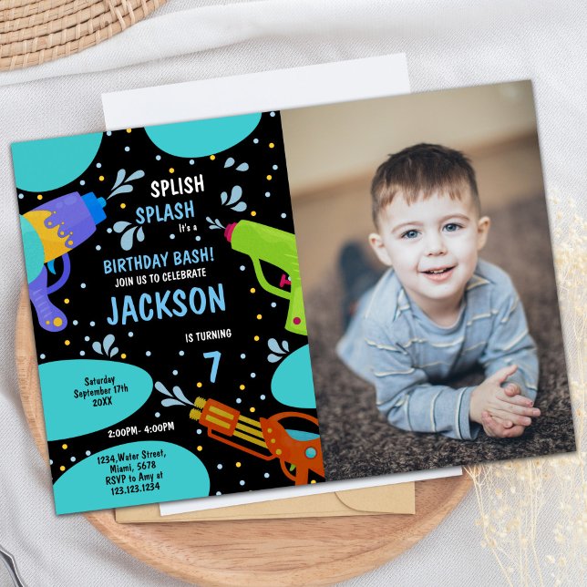 7ème Black Green Photo Invitations de pistolet à e (7th Black Green Photo Water Gun Invitations)