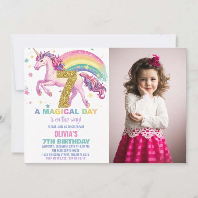 7ème Unicorn Anniversaire Invitations avec photo (Devant)