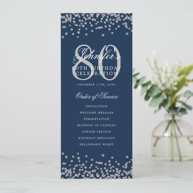80 Anniversaire Programme Argent Confetti Menu Mar (Debout devant)