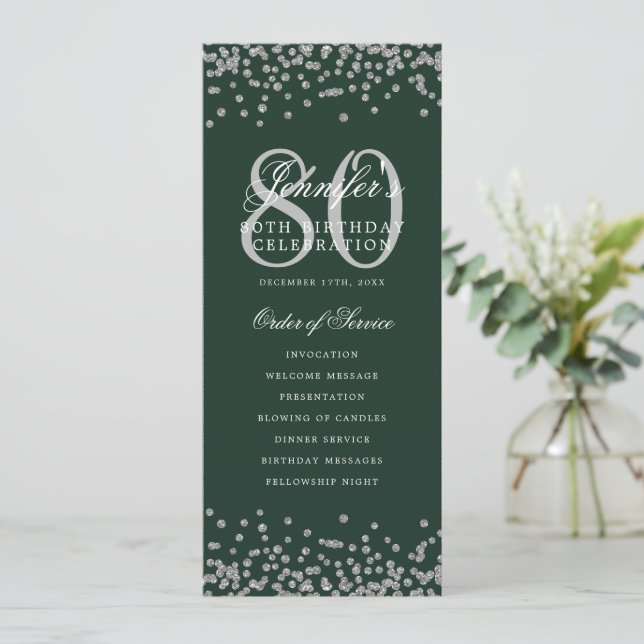 80 Anniversaire Programme Argent Confetti Menu Ver (Debout devant)