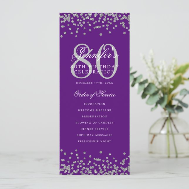 80 Anniversaire Programme Argent Confetti Menu Vio (Debout devant)