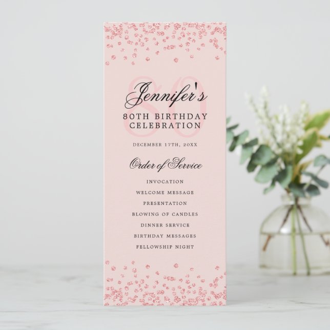 80 Anniversaire Programme Rose Gold Confetti Menu  (Debout devant)