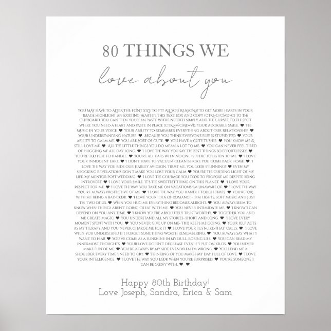 80 choses que nous aimons de vous affiche (Devant)