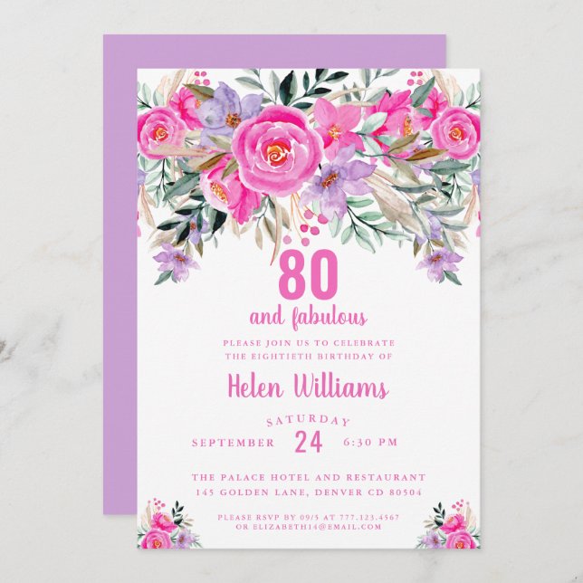 80 et fabuleuse invitation rose 80e anniversaire (Devant / Derrière)