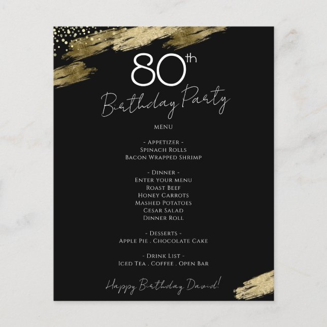 80e anniversaire Black and Gold Party Menu Flyer (Devant)