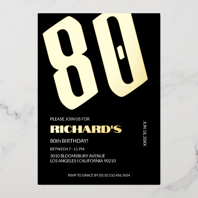 80e anniversaire Black Gold Foil invitations (Recto)