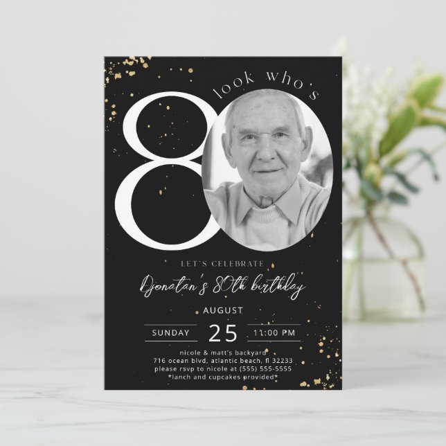 80e anniversaire Black Gold Invitation Card Photo (Debout devant)