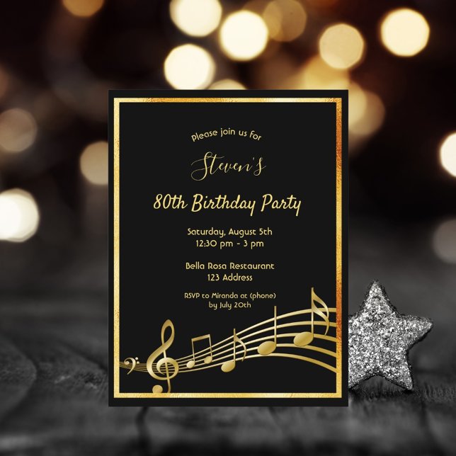 80e anniversaire Black gold music notes invitation (Créateur téléchargé)