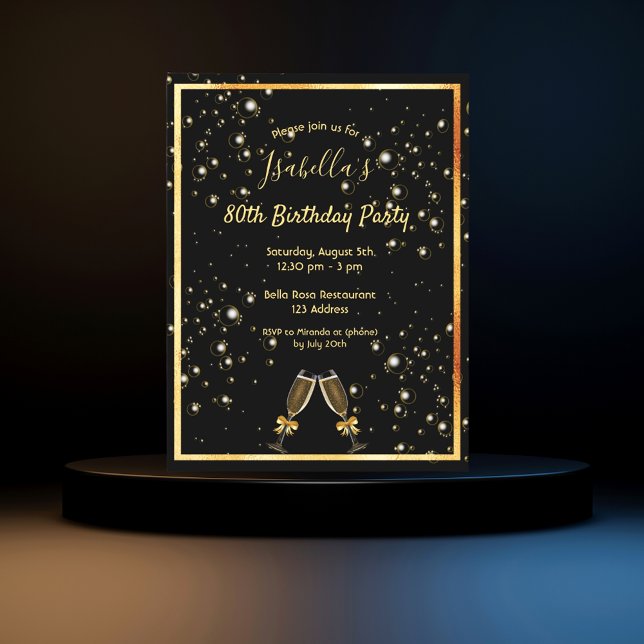 80e anniversaire bulles d'or noir invitation (Créateur téléchargé)