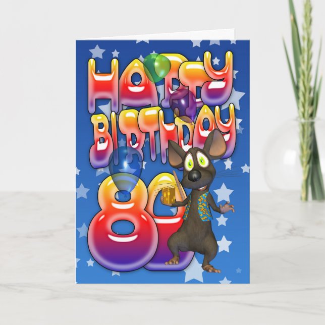 80e Anniversaire Carte mignonne avec petite souris (Devant)