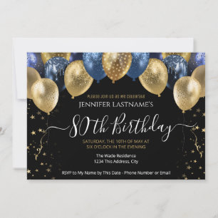 80e anniversaire de fête Bleu et Gold Invitation