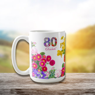80e anniversaire fête florale bouquet café tasse