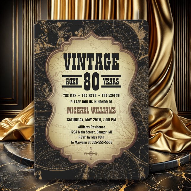 80e anniversaire fête Thème Vintage Carte du monde (80th Birthday Party Invitation for men with a vintage theme.)