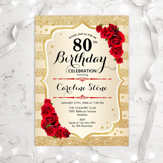 80e anniversaire - Gold Stripes Invitation Rose (Créateur téléchargé)