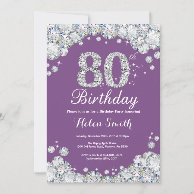 80e anniversaire Invitation Diamant mauve et argen (Devant)