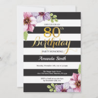 80e anniversaire Invitation Femmes. Or floral noir