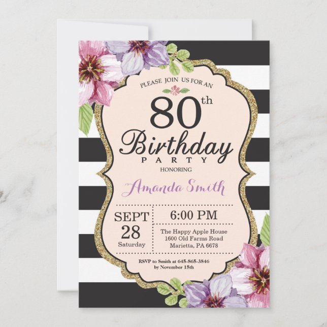 80e anniversaire Invitation Femmes. Or floral noir (Devant)