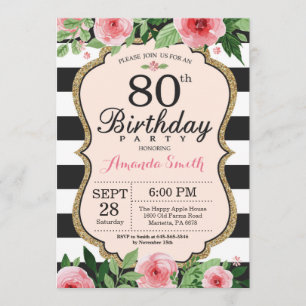 80e anniversaire Invitation Femmes. Or floral noir