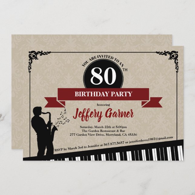 80e anniversaire invitation Jazz music thème (Devant / Derrière)