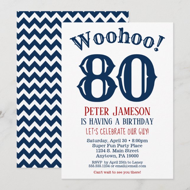 80e anniversaire Invitation Mens Marine Bleu (Devant / Derrière)