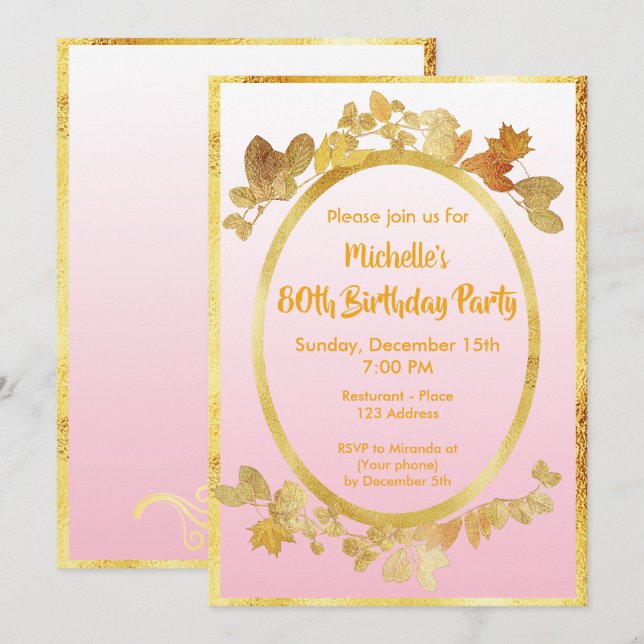 80e anniversaire invitation rose or (Devant / Derrière)
