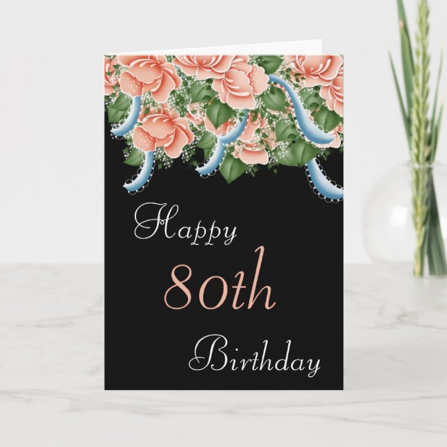 80e Anniversaire Pêcher Roses Bonne carte d'annive (Devant)