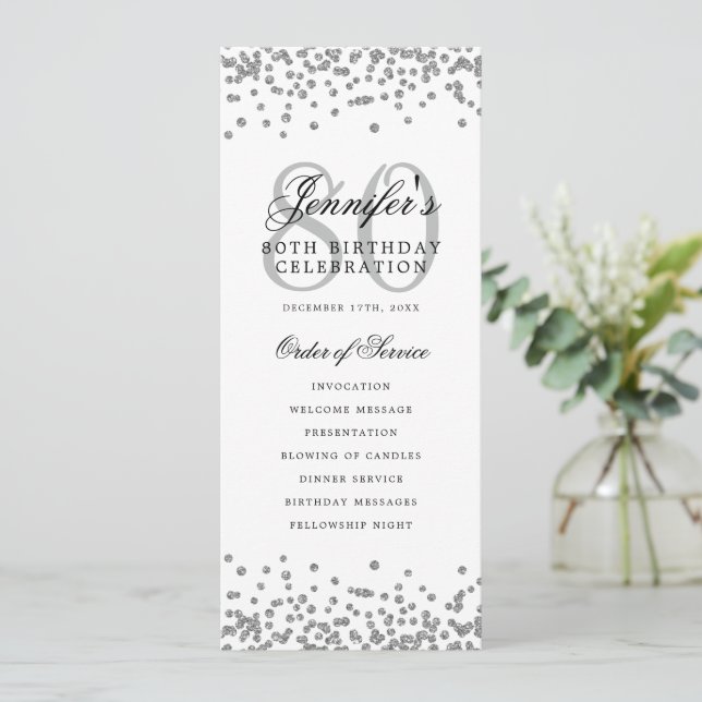 80e Anniversaire Programme Confetti Argent Menu (Debout devant)