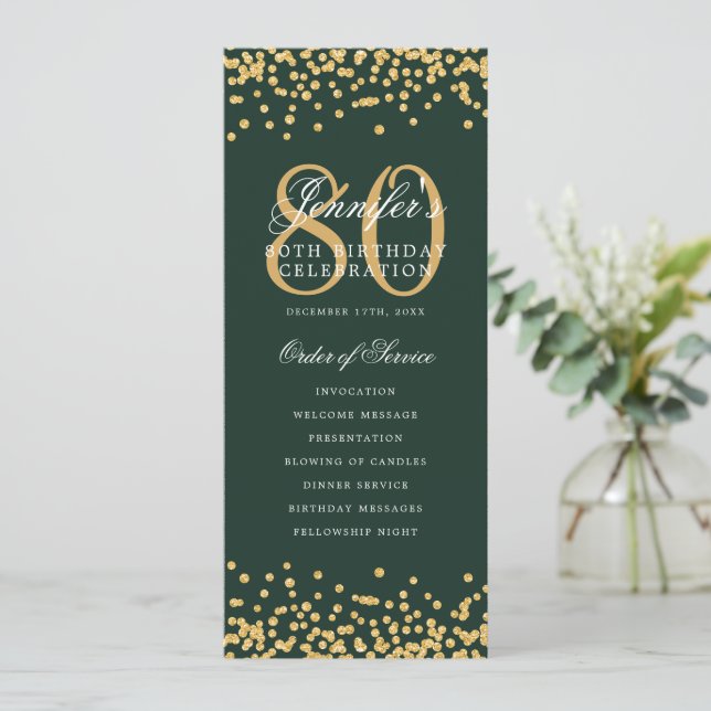 80e Anniversaire Programme Gold Confetti Menu Vert (Debout devant)