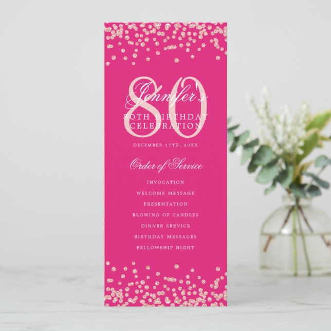 80e anniversaire Programme Rose Gold Menu Hot Pink (Debout devant)