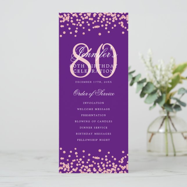 80e Anniversaire Programme Rose Gold Menu Purple (Debout devant)