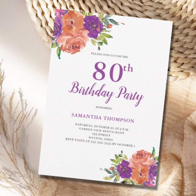 80e anniversaire Purple Floral Invitation (Créateur téléchargé)