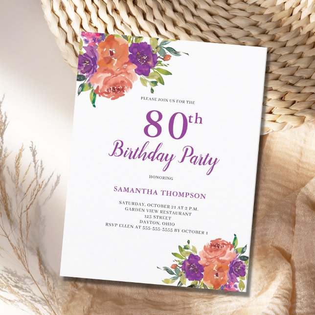 80e anniversaire Purple Floral Invitation (Créateur téléchargé)