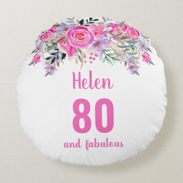 80e anniversaire rose nom floral ronde coussin (Devant)